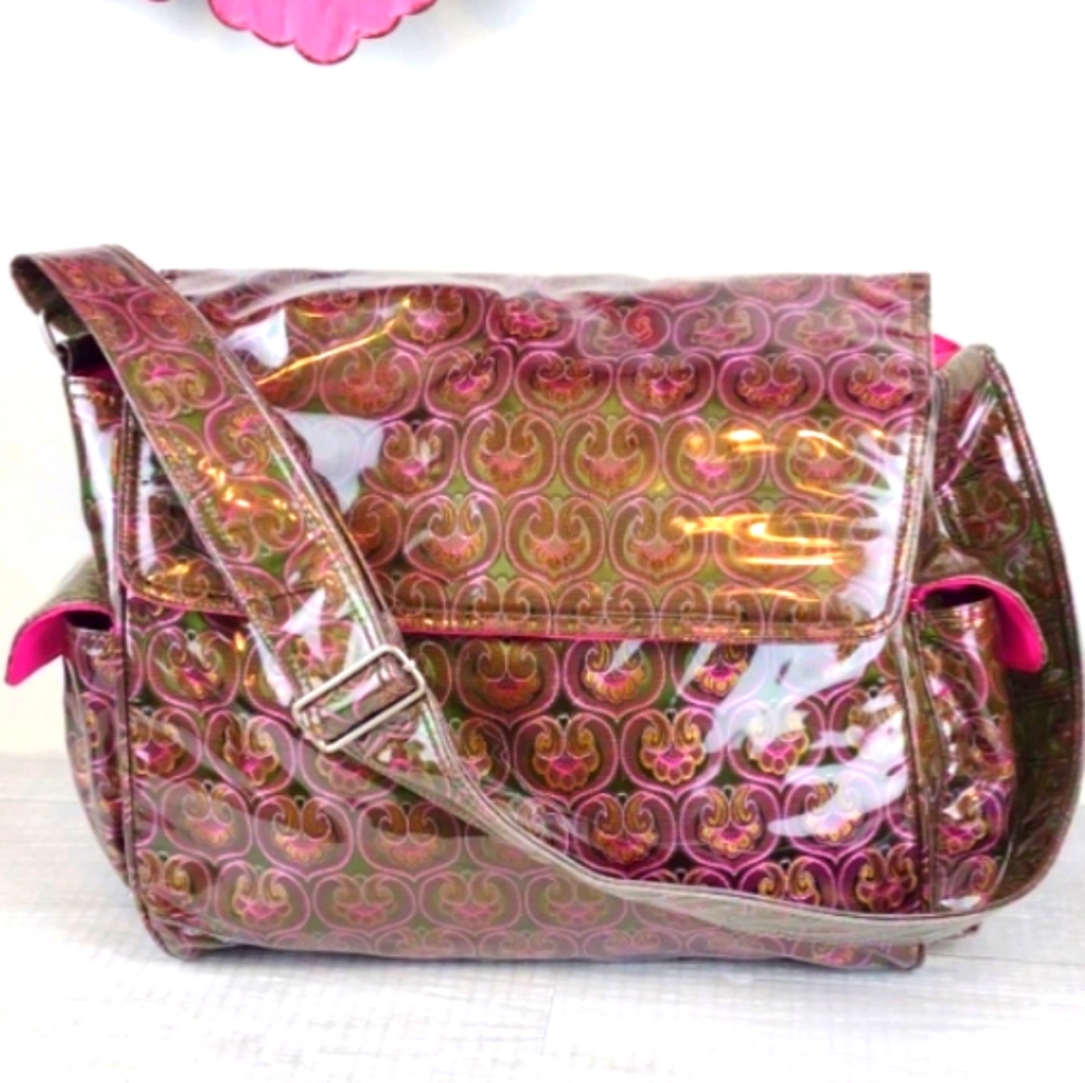 KALENCOM CO Pink & Olive Green Satiny Graphic Plastic Coated Diaper Bag NWOT